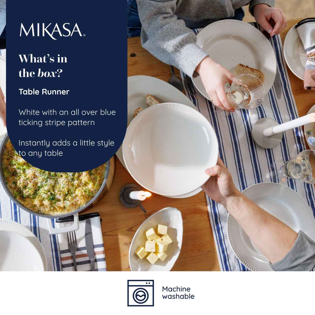 Mikasa Cotton & Linen Blend Stripe Table Runner 230cm (Blue)