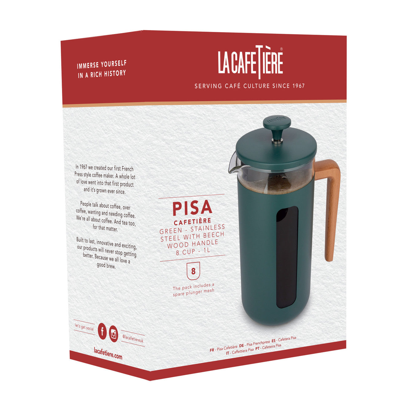 La Cafetière Pisa Stainless Steel Cafetière 8 Cup / 1L (Green)