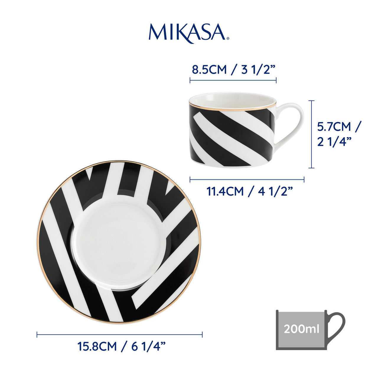 Mikasa Luxe Deco Fine China Tea Cup & Saucer Set 2 Piece 250ml (Geo Pattern)