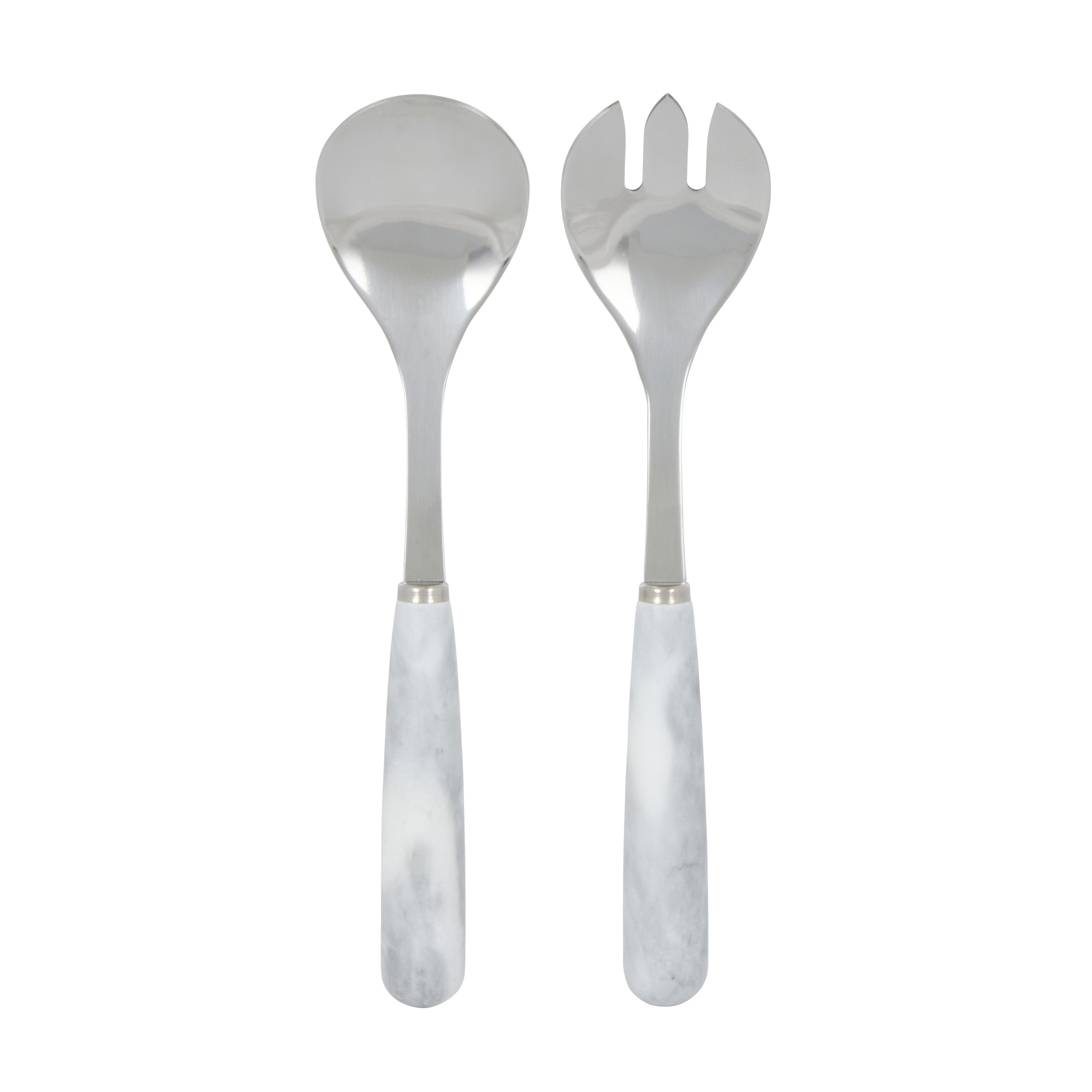 Davis & Waddell Nuvolo Marble Salad Servers 2 Piece Set White Grey & Silver