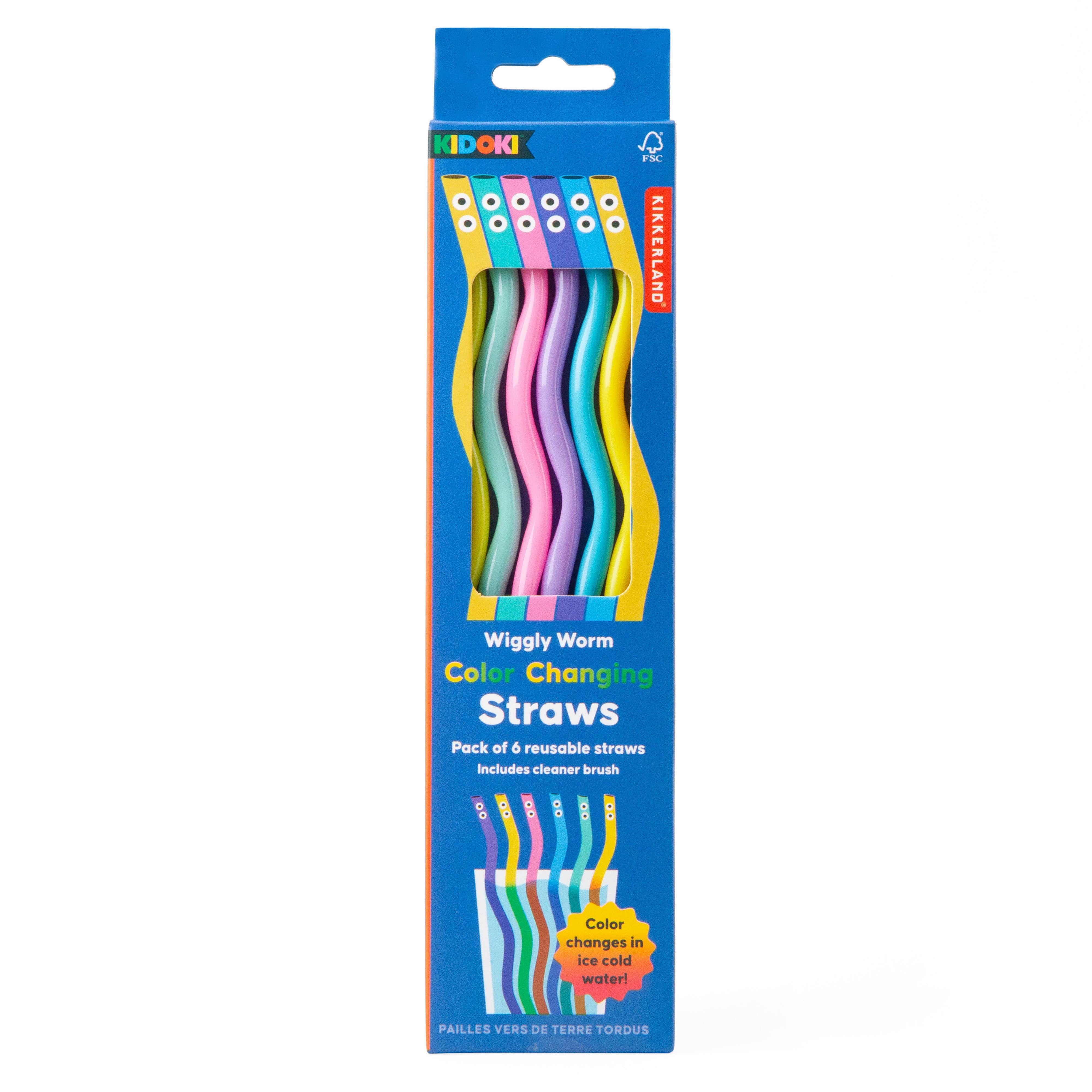 Kikkerland Wiggly Worm Colour Changing Straws 6 Piece Set Multi-Coloured