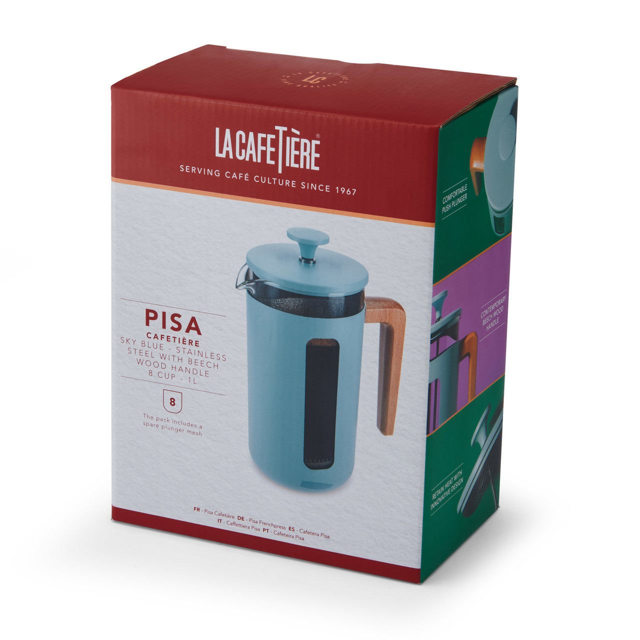 La Cafetière Pisa Stainless Steel Cafetière 8 Cup / 1L (Sky Blue)