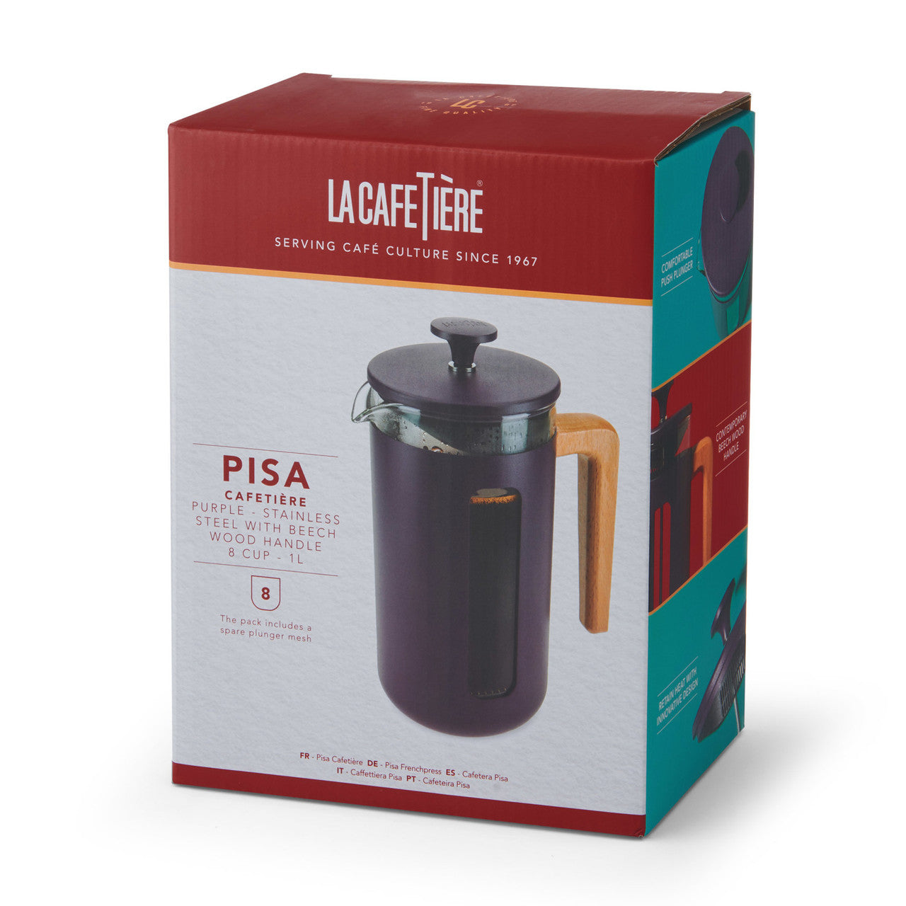 La Cafetière Pisa Stainless Steel Cafetière 8 Cup / 1L (Purple)