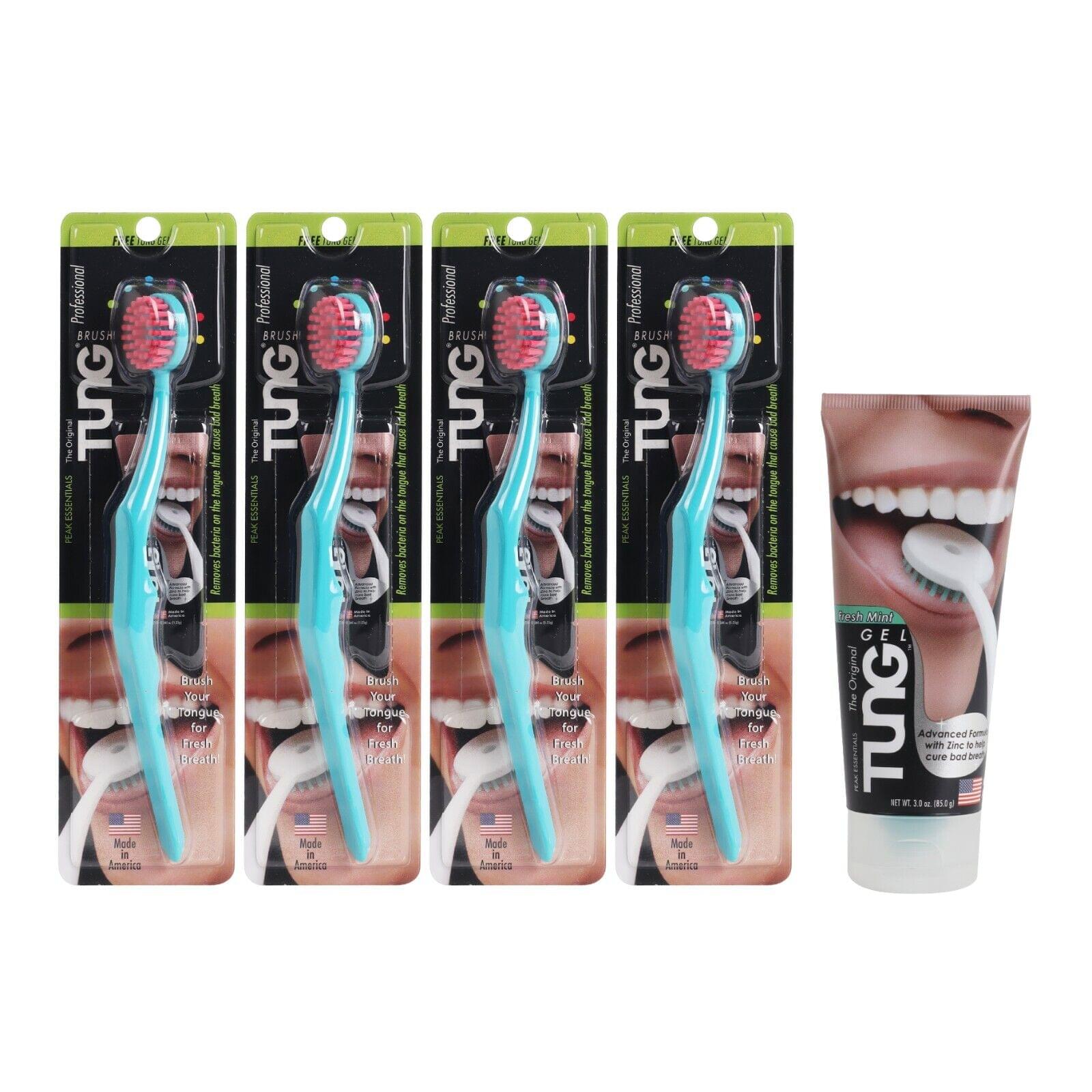 Tung Brush with Sample Gel 4 Pack | Tongue Cleaner | Made in USA | Random Colour
