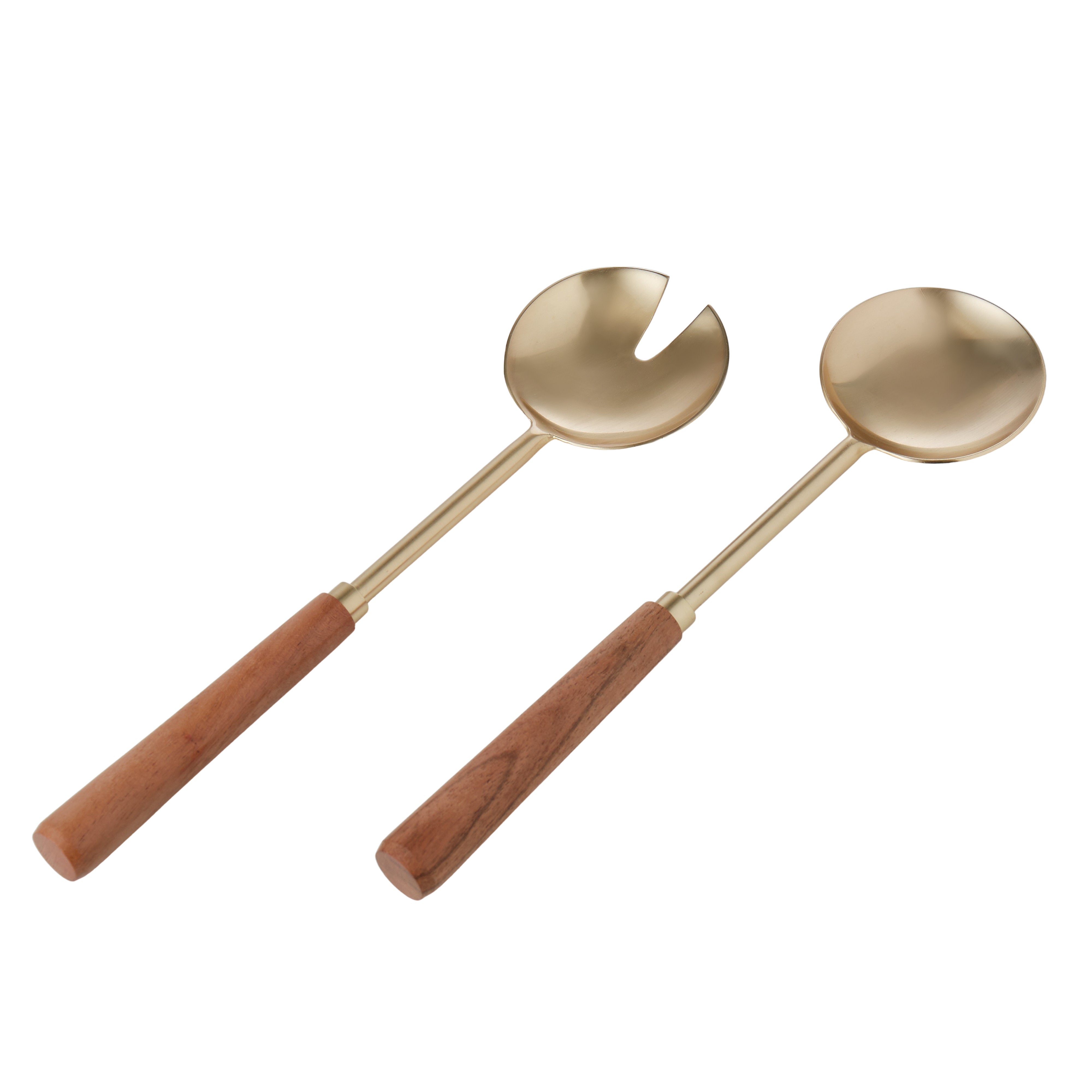 Amalfi Acacia Wood & Stainless Steel Salad Servers 2 Piece Set Gold & Walnut