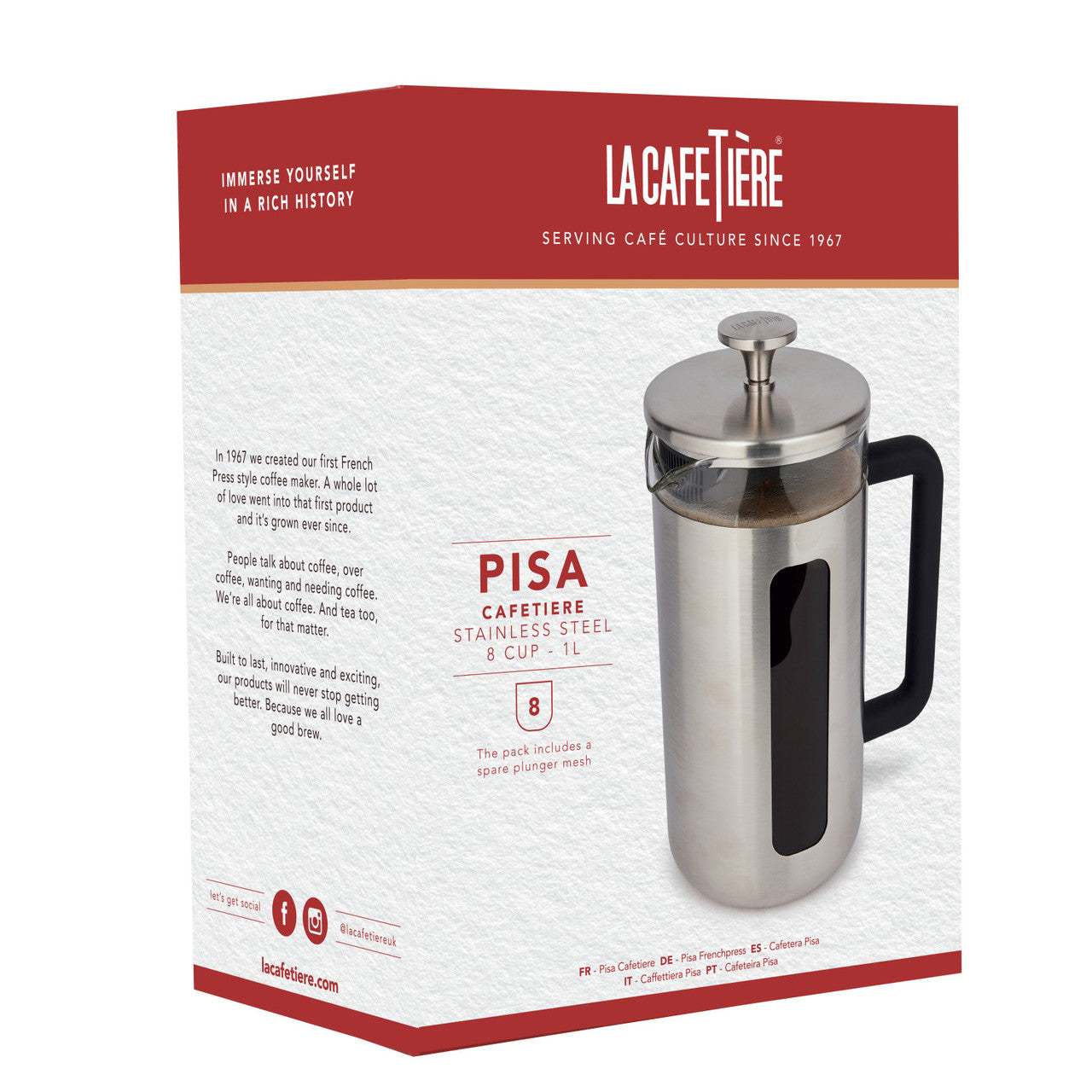 La Cafetière Pisa Brushed Stainless Steel Cafetière 8 Cup / 1L