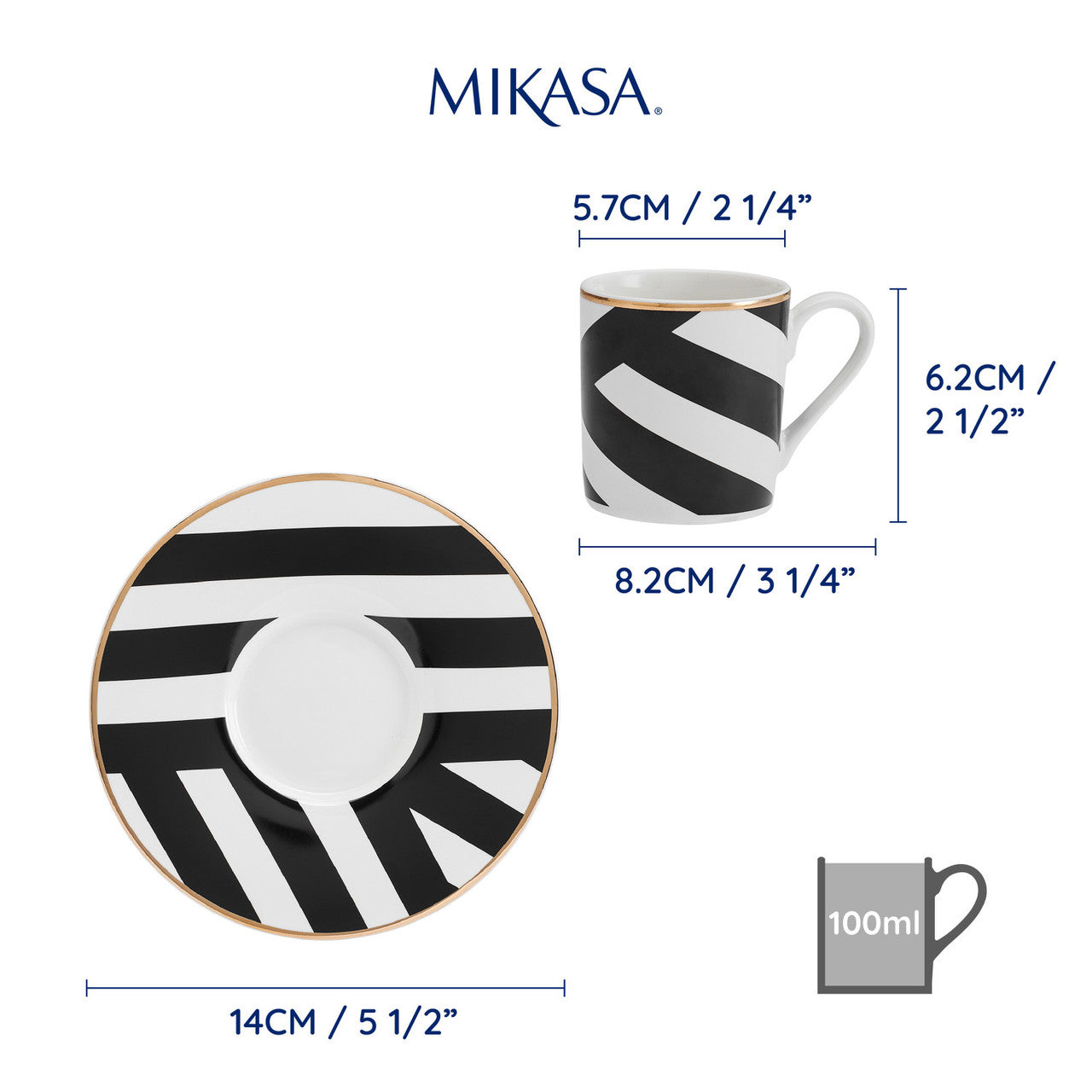 Mikasa Luxe Deco Fine China Espresso Cup & Saucer Set 2 Piece 110ml (Geo Pattern)