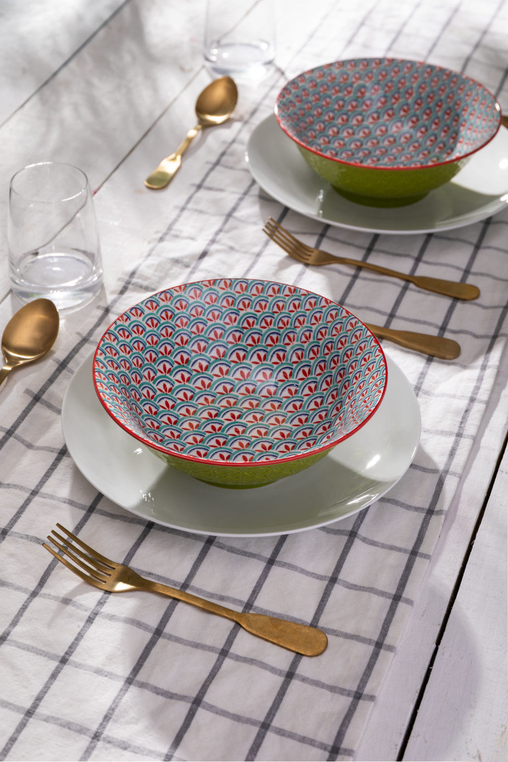 Mikasa Stoneware Ramen Bowl 21cm (Green & Blue Geometric)