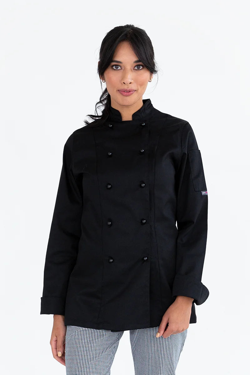 Aussie Chef Womens Traditional Black Long Sleeve Jacket - Size 14