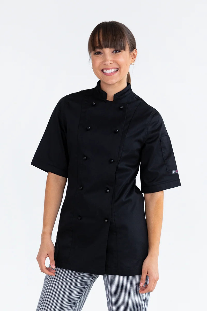 Aussie Chef Womens Traditional Black Short Sleeve Jacket - Size 16