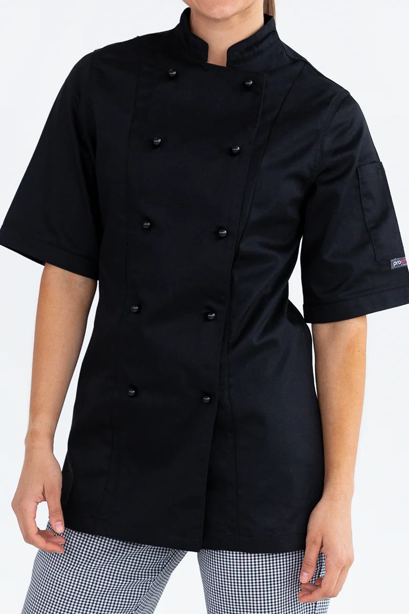 Aussie Chef Womens Traditional Black Short Sleeve Jacket - Size 16