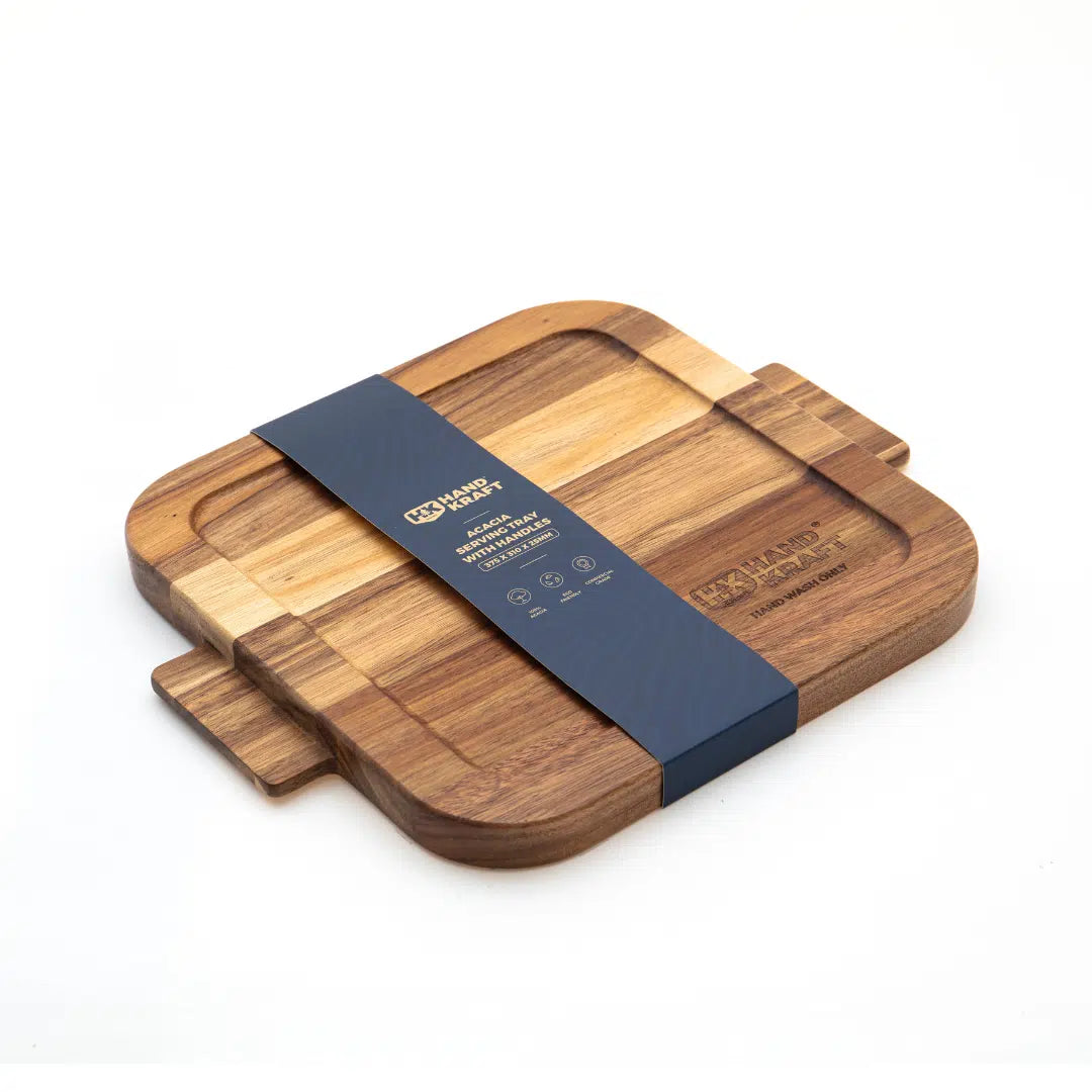 KH Hand Kraft Acacia Serving Tray with Handle 37.5 x 30cm