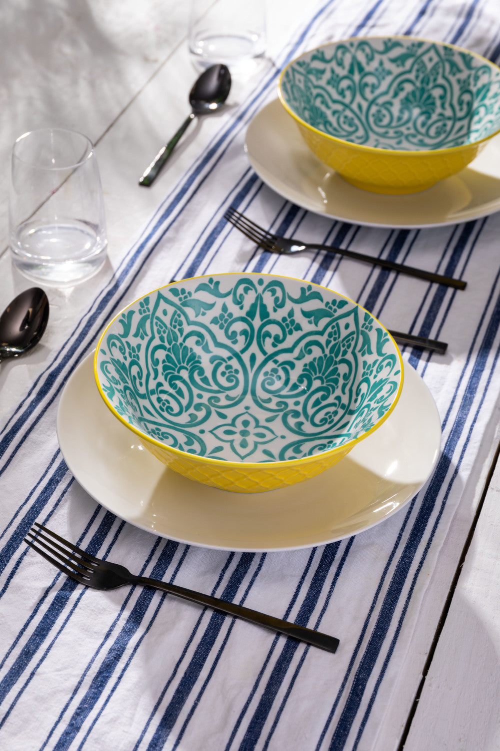 Mikasa Stoneware Ramen Bowl 21cm (Yellow & Blue Geometric)