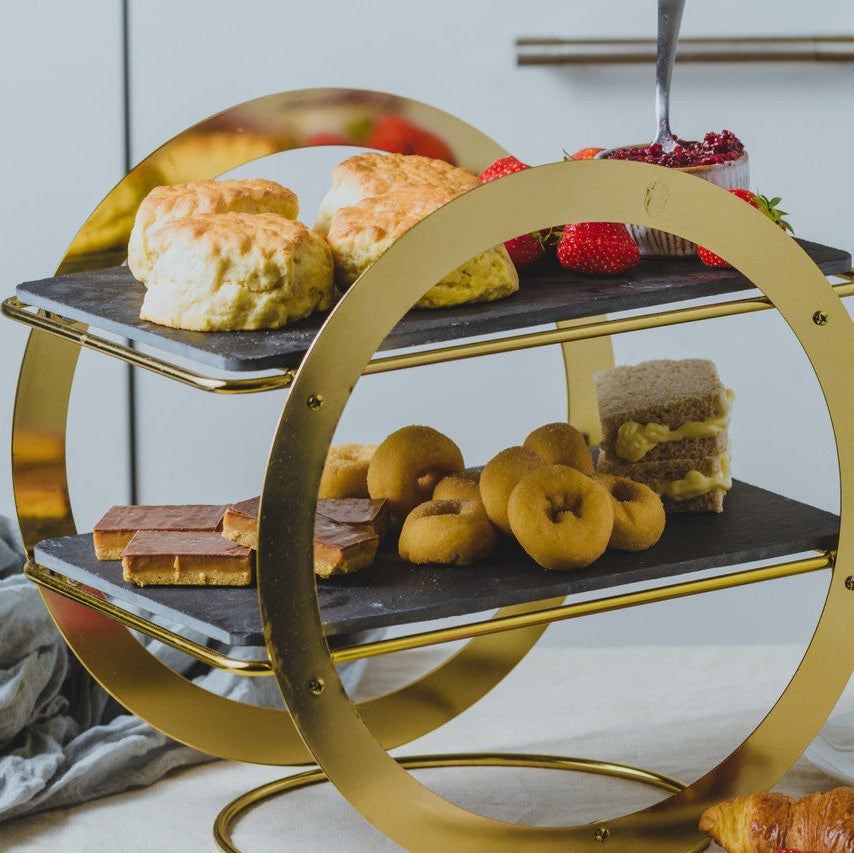 Artesà Geometric Brass Serving Stand with Slate Platters
