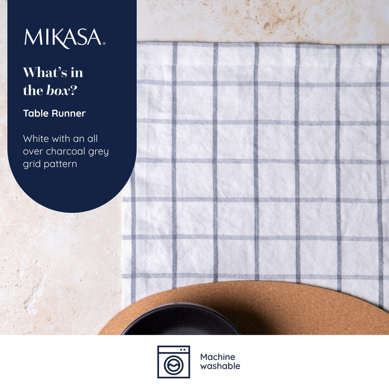 Mikasa Cotton & Linen Blend Check Table Runner 230cm (Grey)