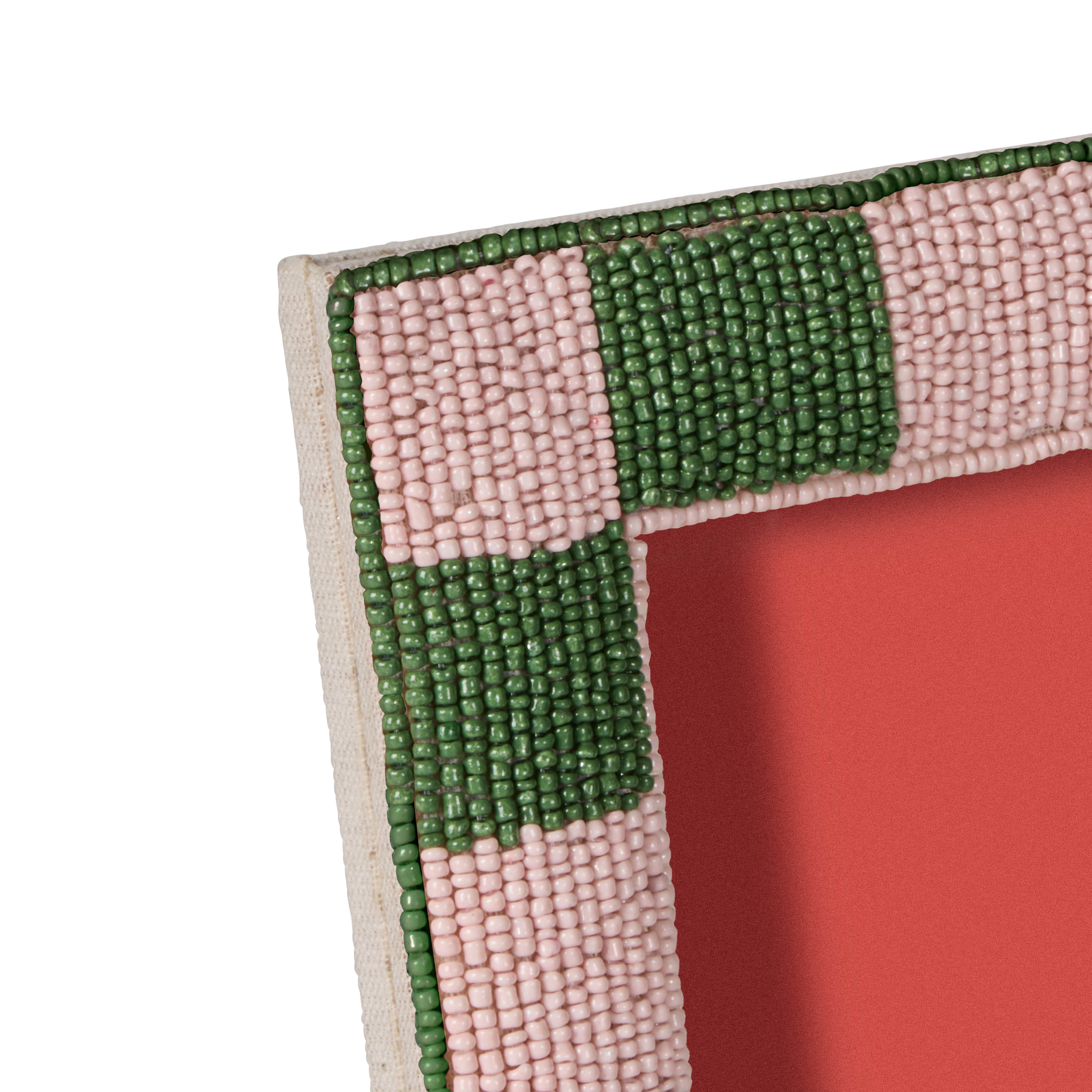 Emporium Ruby Beaded Check Photo Frame Pink & Green
