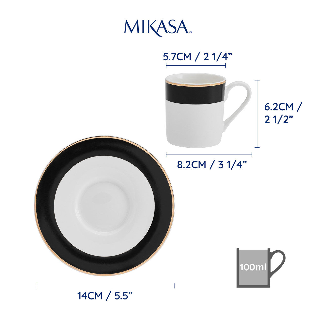 Mikasa Luxe Deco Fine China Espresso Cup & Saucer Set 2 Piece 100ml (Band Pattern)