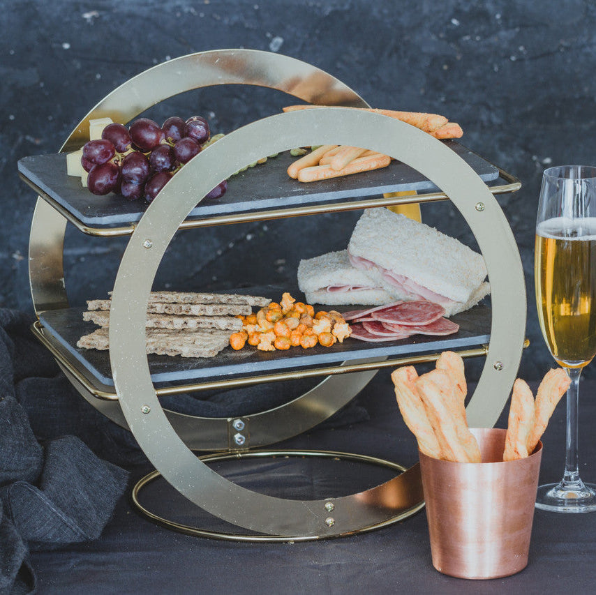Artesà Geometric Brass Serving Stand with Slate Platters