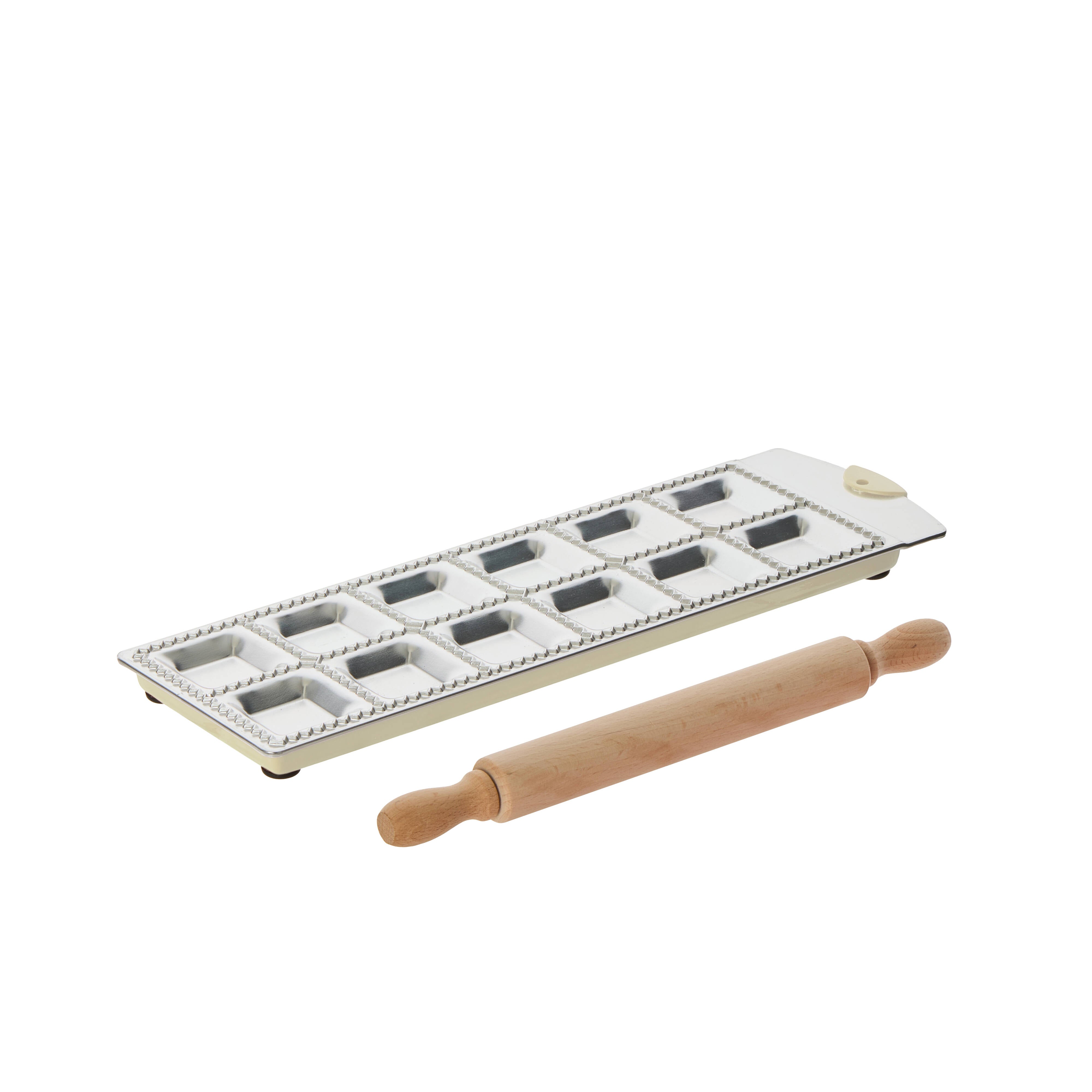 Davis & Waddell Ravioli Tray with Beechwood Rolling Pin Silver & Beechwood 35x11x2.3cm