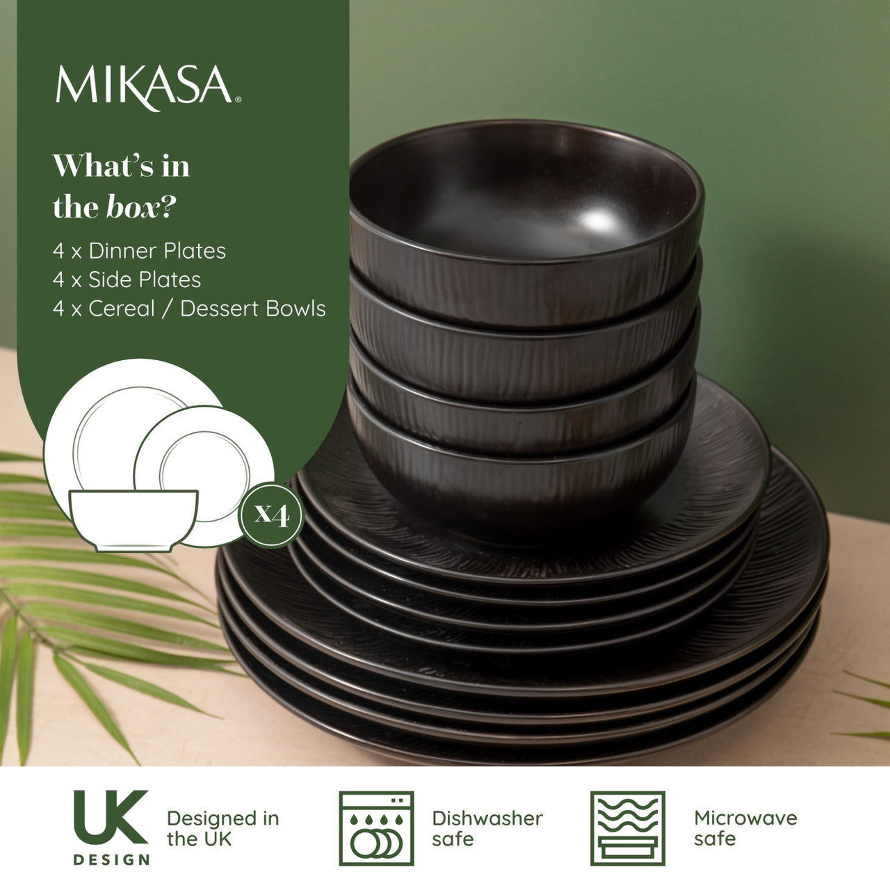 Mikasa Jardin Midnight Stoneware Dinner Set 12 Piece (Black)