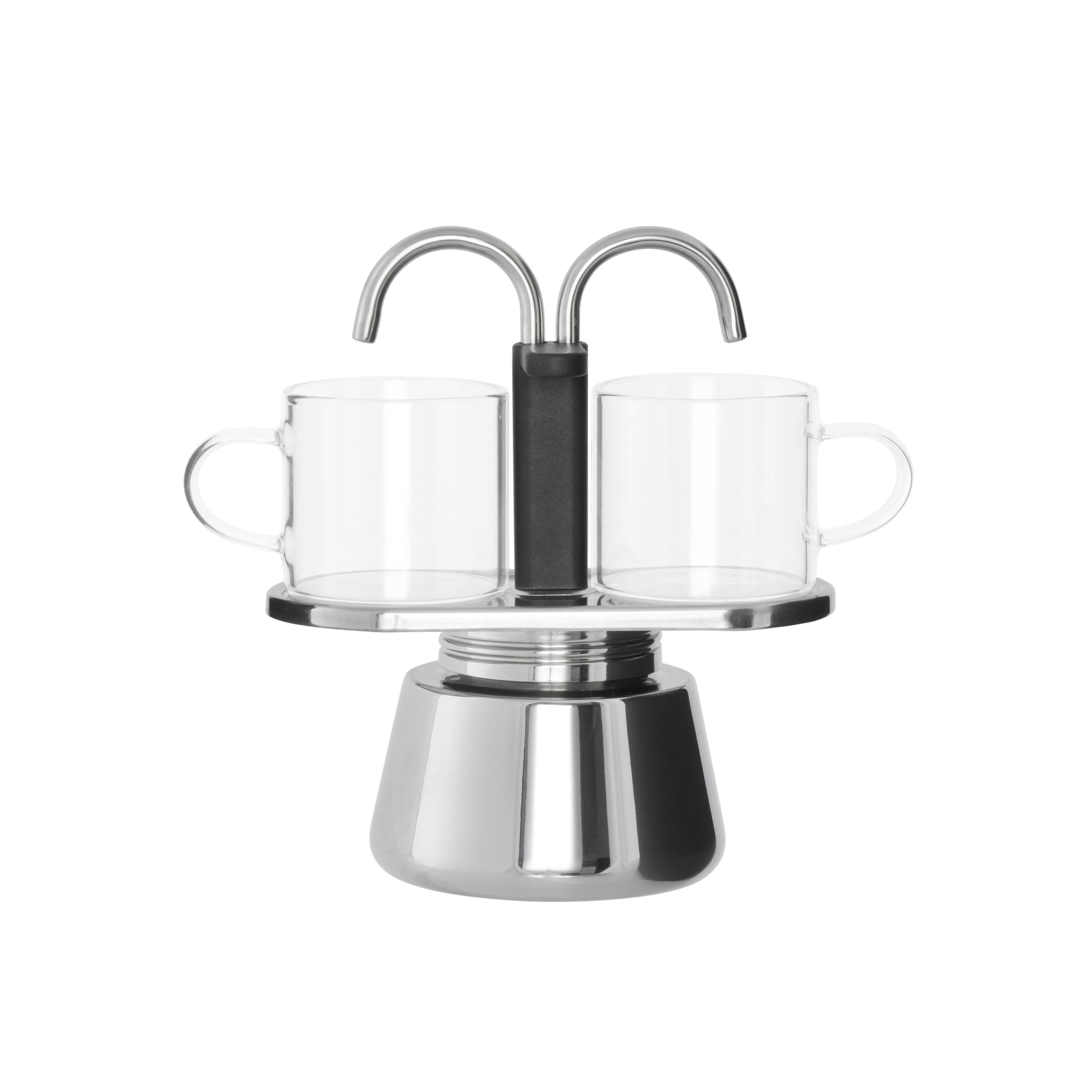 Leaf & Bean Piazza Stainless Steel Espresso Maker & 2pc Glass Cups Silver & Black
